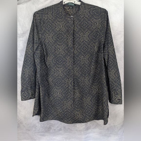 Lauren Ralph Lauren 2x Black And Tan Blouse V-neck No Collar - Picture 1 of 12